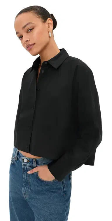 LE BOP Felicity Boxy Cropped Poplin Button Down Shirt Black L | Thumbnail 1 LE BOP Felicity Boxy Cropped Poplin Button Down Shirt Black L | Thumbnail 1