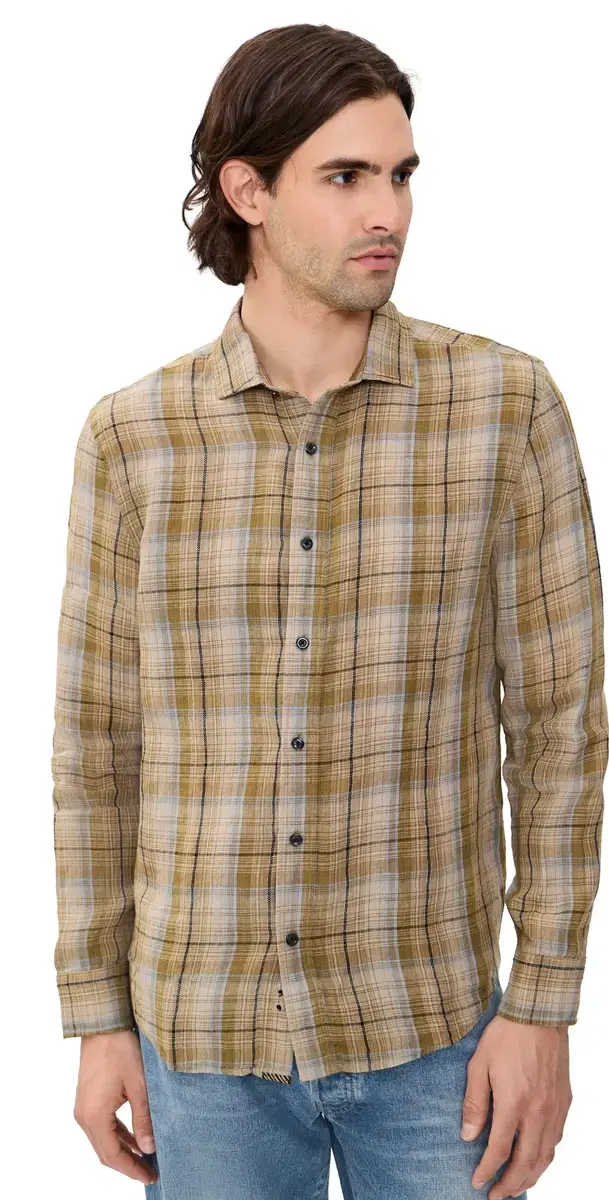 Dobby Plaid Linen Cedar Button Down Shirt Olive ulti
