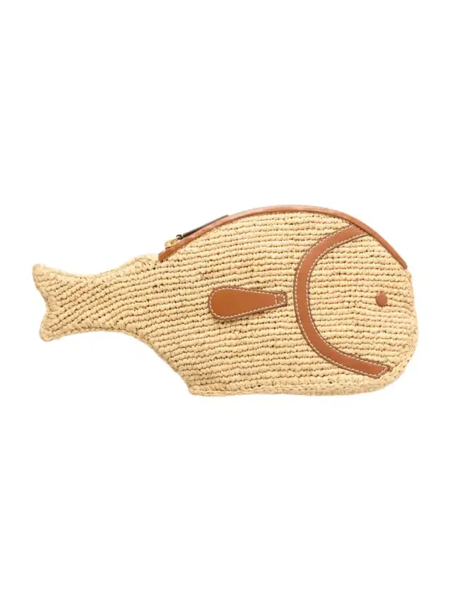 Pesce Leather-trimmed Raffia Clutch