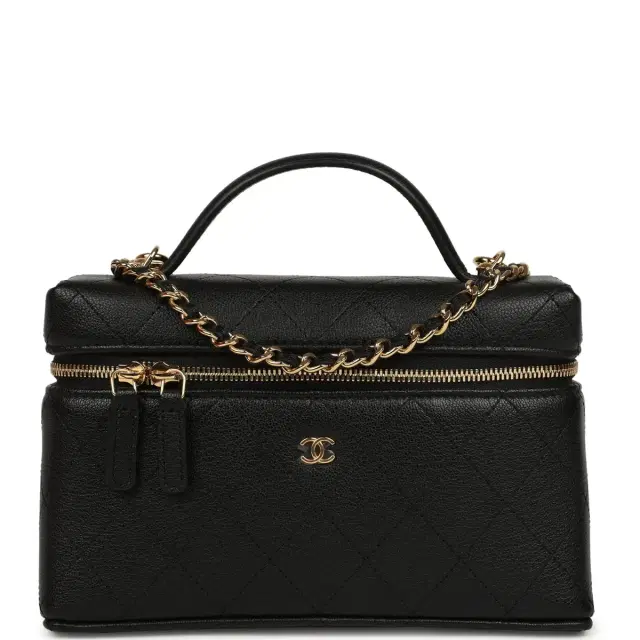 Chanel Chanel Top Handle Long Vanity Case with Chain Black Grained Goatskin Gold Hardware