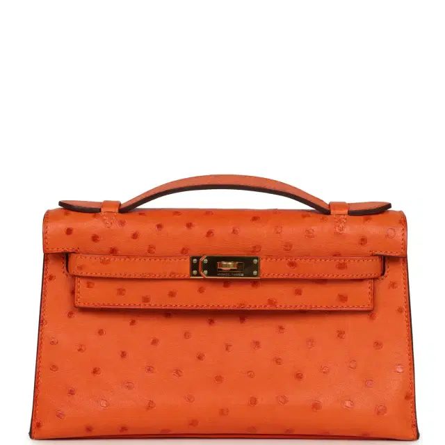 hermes Pre-owned Hermes Kelly Pochette Tangerine Ostrich Gold Hardware