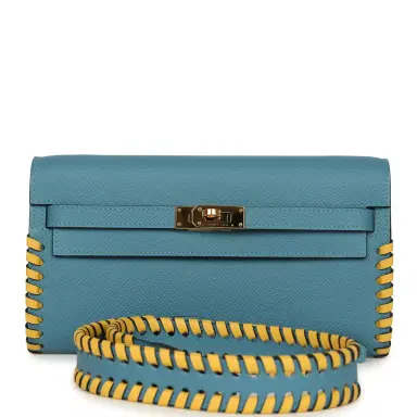 HERMÈS Pre-owned Hermes Kelly To Go Tressage Wallet Blue Jean Epsom and Sun Swift Gold Hardware | Thumbnail 1 HERMÈS Pre-owned Hermes Kelly To Go Tressage Wallet Blue Jean Epsom and Sun Swift Gold Hardware | Thumbnail 1