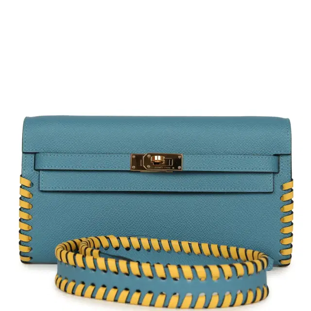 hermes Pre-owned Hermes Kelly To Go Tressage Wallet Blue Jean Epsom and Sun Swift Gold Hardware