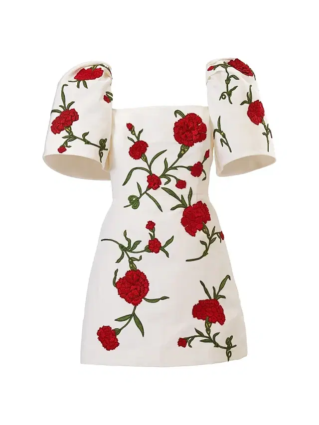 Women's Carnation-Embroidered Silk Puff-Sleeve Minidress -  Multi