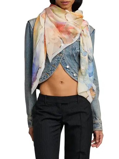 Alexander McQueen Women's Painted Floral Silk Square Scarf - Ivory Red | Thumbnail 2