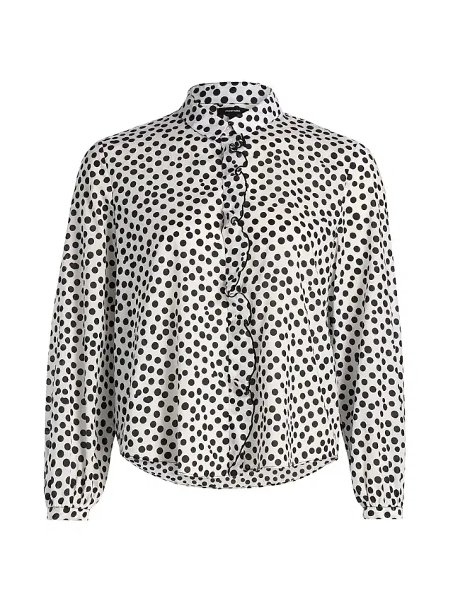 R13 Women's Ruffled Polka Dot Cotton Blouse - White With All Over Polka Dot