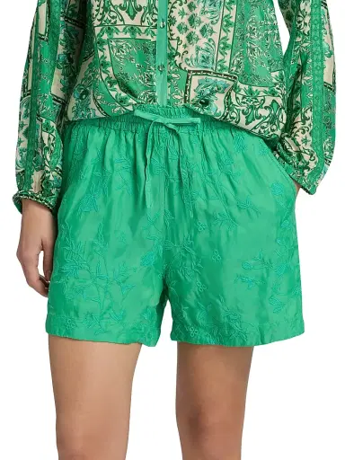 Johnny Was Women's The Audrey Flower Embroidered Drawstring Shorts - Bright Green - Size Medium | Thumbnail 3