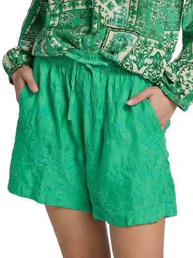 Johnny Was Women's The Audrey Flower Embroidered Drawstring Shorts - Bright Green - Size Medium | Thumbnail 6