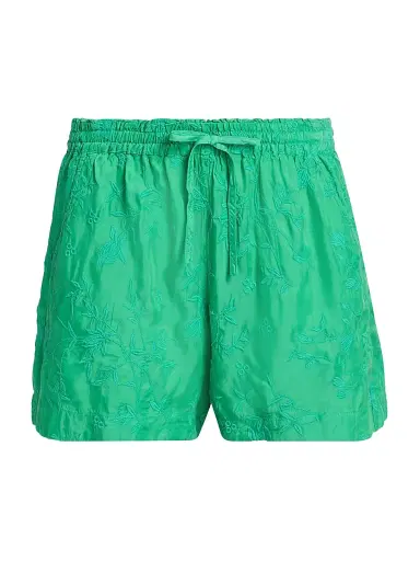 Johnny Was Women's The Audrey Flower Embroidered Drawstring Shorts - Bright Green - Size Medium | Thumbnail 1