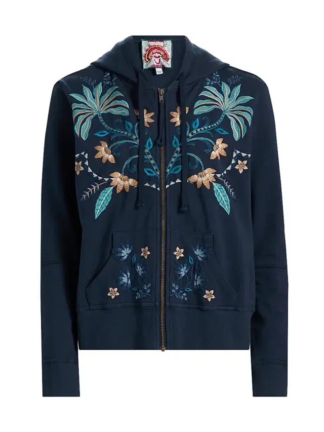 Johnny Was Women's Una Embroidered Stretch-Cotton Zip-Front Hoodie - Blue Night