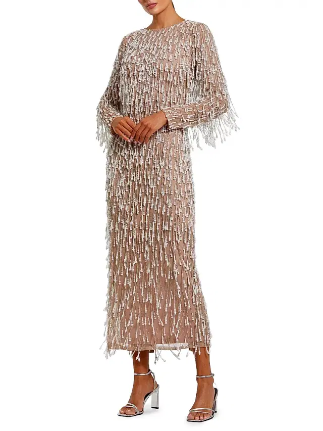 Women's Pearl Fringe Mesh Midi-Dress -  Beige