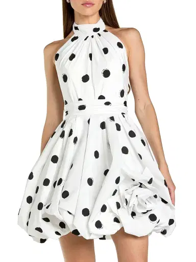 Mac Duggal Women's Polka Dot 3D Floral Bubble-Hem Satin Minidress - Black | Thumbnail 3 Mac Duggal Women's Polka Dot 3D Floral Bubble-Hem Satin Minidress - Black | Thumbnail 3
