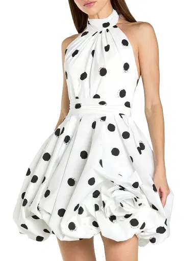 Mac Duggal Women's Polka Dot 3D Floral Bubble-Hem Satin Minidress - Black | Thumbnail 1 Mac Duggal Women's Polka Dot 3D Floral Bubble-Hem Satin Minidress - Black | Thumbnail 1