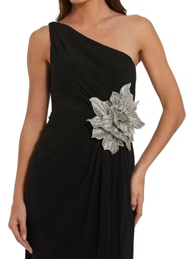 Mac Duggal Women's 3D Rhinestone Floral One-Shoulder Jersey Gown - Black - Size 14 | Thumbnail 3