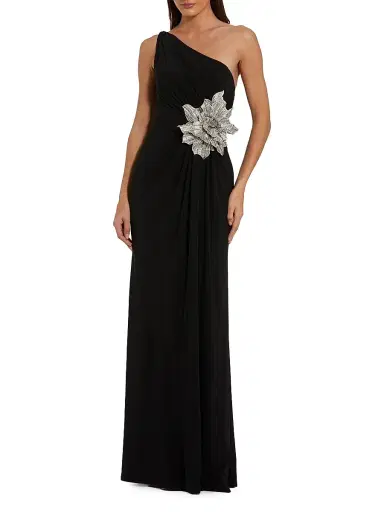 Mac Duggal Women's 3D Rhinestone Floral One-Shoulder Jersey Gown - Black - Size 14 | Thumbnail 1