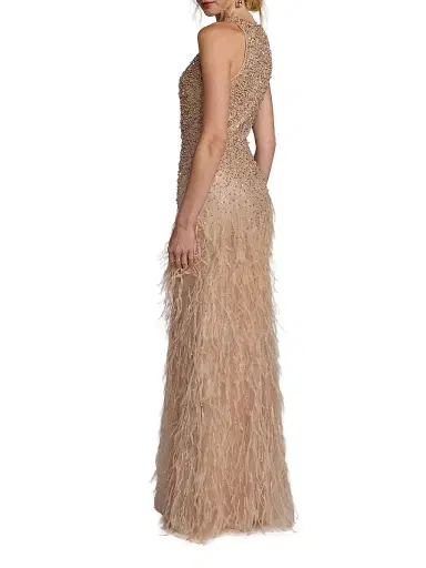 Mac Duggal Women's Beaded Feather-Trimmed Gown - Porcelain - Size 12 | Thumbnail 2