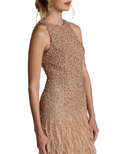 Mac Duggal Women's Beaded Feather-Trimmed Gown - Porcelain - Size 12 | Thumbnail 3