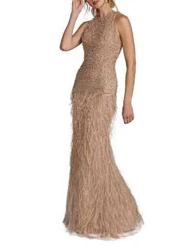 Mac Duggal Women's Beaded Feather-Trimmed Gown - Porcelain - Size 12 | Thumbnail 1