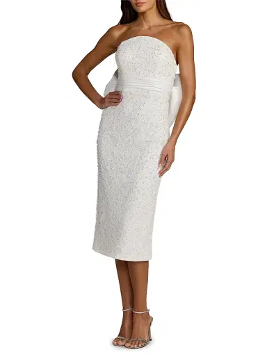 Mac Duggal Women's Imitation Pearl Strapless Lace Midi-Dress | Thumbnail 1 Mac Duggal Women's Imitation Pearl Strapless Lace Midi-Dress | Thumbnail 1