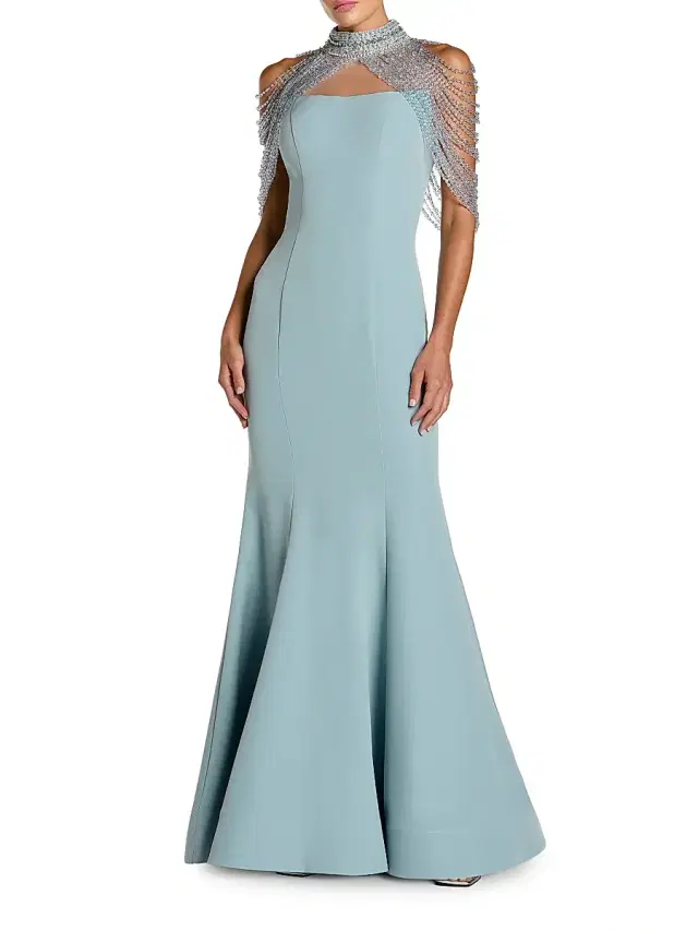 Women's Beaded Capelet Crepe Mermaid Gown - French Blue