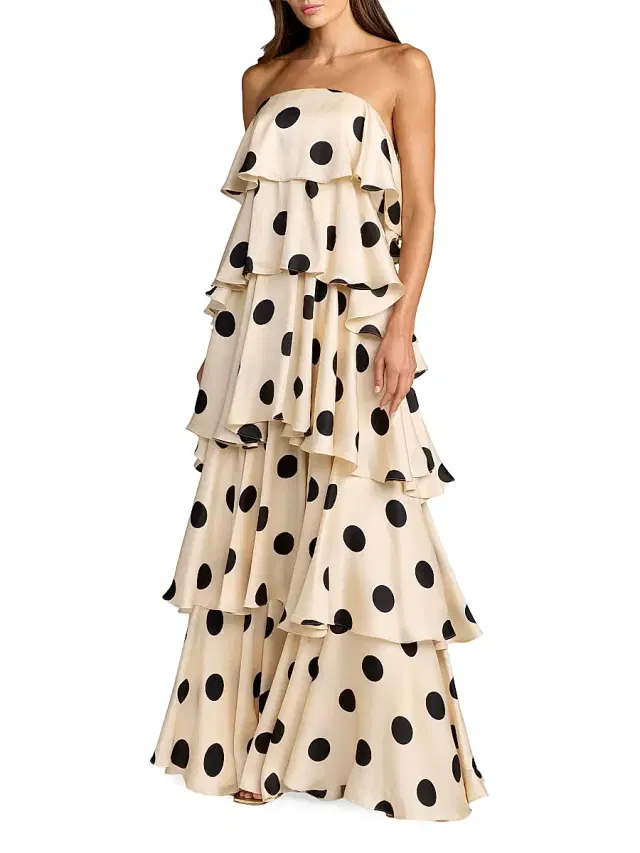 Women's Ruffled Tiered Polka Dot Charmeuse Gown - Cream Black