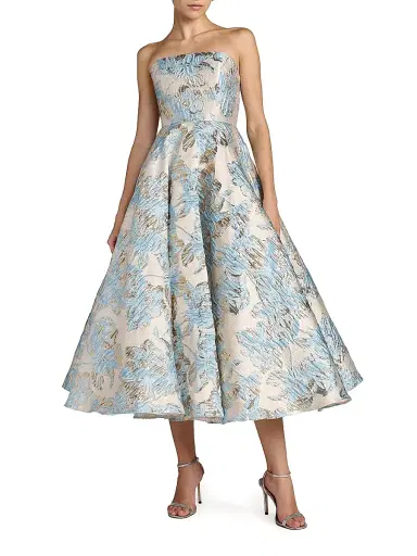 Mac Duggal Women's Strapless Floral Brocade Midi-Dress - Powder Blue | Thumbnail 1 Mac Duggal Women's Strapless Floral Brocade Midi-Dress - Powder Blue | Thumbnail 1