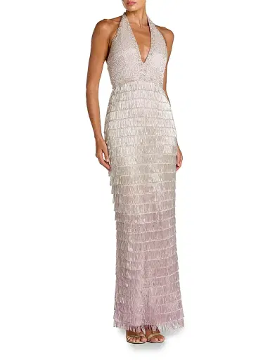 Mac Duggal Women's Beaded Fringed Halter Gown - Silver Lilac - Size 14 | Thumbnail 1 Mac Duggal Women's Beaded Fringed Halter Gown - Silver Lilac - Size 14 | Thumbnail 1