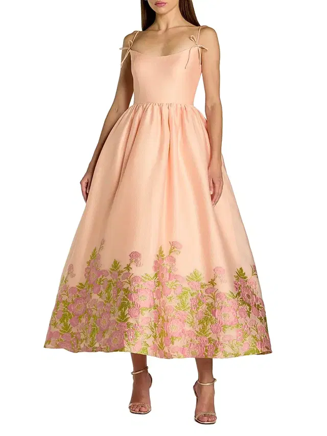 Women's Brocade Organza Bow-Accented Midi-Dress - Pink Multi