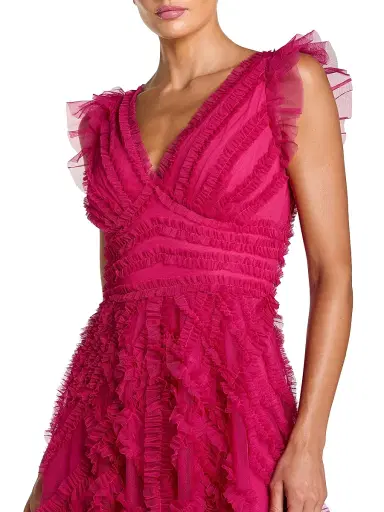 Mac Duggal Women's Ruffled Mesh Midi-Dress - Fuchsia - Size 14 | Thumbnail 3