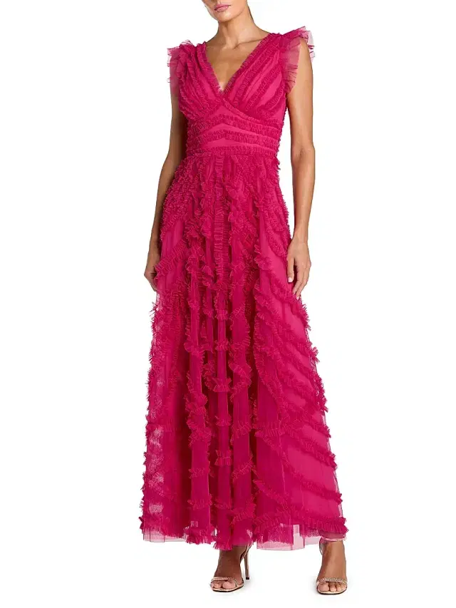Mac Duggal Women's Ruffled Mesh Midi-Dress - Fuchsia