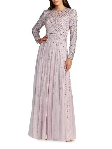 Mac Duggal Women's Tulle Beaded Long-Sleeve A-Line Gown | Thumbnail 1 Mac Duggal Women's Tulle Beaded Long-Sleeve A-Line Gown | Thumbnail 1