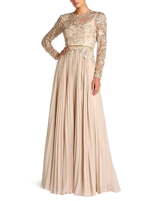 Mac Duggal Women's Floral-Embroidered Pleated Gown - Taupe