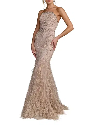 Mac Duggal Women's Feather-Trimmed Embellished Mermaid Gown - Champagne - Size 0 | Thumbnail 1 Mac Duggal Women's Feather-Trimmed Embellished Mermaid Gown - Champagne - Size 0 | Thumbnail 1