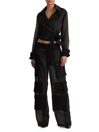 Alice + Olivia Women's Keith Sheer-Sleeve Belted Crop Trench Jacket - Black | Thumbnail 2