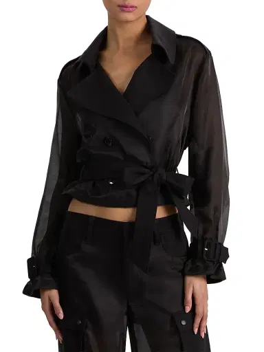Alice + Olivia Women's Keith Sheer-Sleeve Belted Crop Trench Jacket - Black | Thumbnail 3