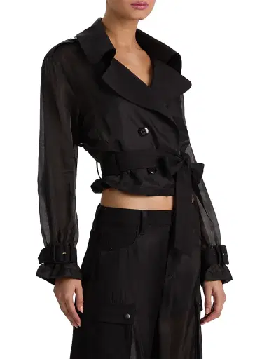 Alice + Olivia Women's Keith Sheer-Sleeve Belted Crop Trench Jacket - Black | Thumbnail 4