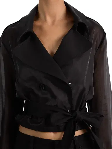 Alice + Olivia Women's Keith Sheer-Sleeve Belted Crop Trench Jacket - Black | Thumbnail 6