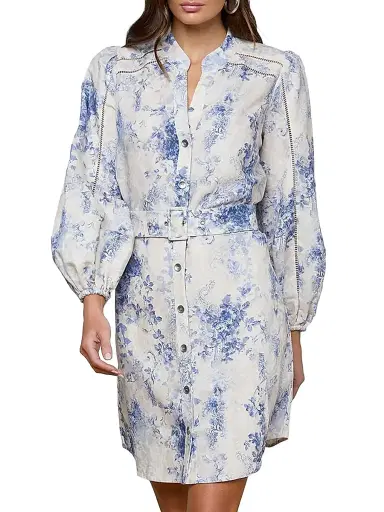 L'AGENCE Women's Kiersten Botanical-Print Belted Linen-Blend Minidress -  Blue Watercolor Lace | Thumbnail 3