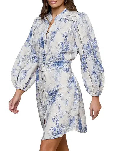 L'AGENCE Women's Kiersten Botanical-Print Belted Linen-Blend Minidress -  Blue Watercolor Lace | Thumbnail 4