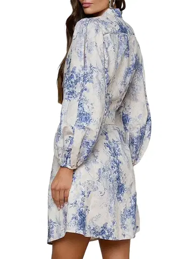 L'AGENCE Women's Kiersten Botanical-Print Belted Linen-Blend Minidress -  Blue Watercolor Lace | Thumbnail 5
