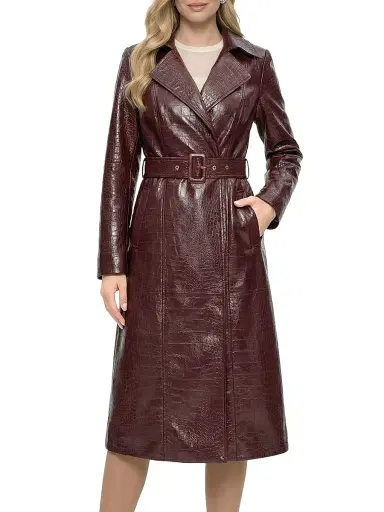 Gorski Women's Select Nappa Leather Croco Embossed Trench Coat with Belt - Burgundy - Size Large | Thumbnail 2