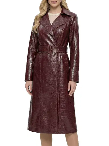 Gorski Women's Select Nappa Leather Croco Embossed Trench Coat with Belt - Burgundy - Size Large | Thumbnail 3