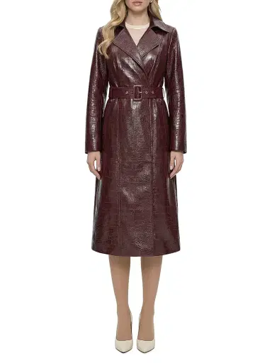 Gorski Women's Select Nappa Leather Croco Embossed Trench Coat with Belt - Burgundy - Size Large | Thumbnail 5