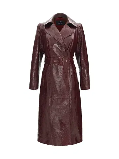 Gorski Women's Select Nappa Leather Croco Embossed Trench Coat with Belt - Burgundy - Size Large | Thumbnail 1