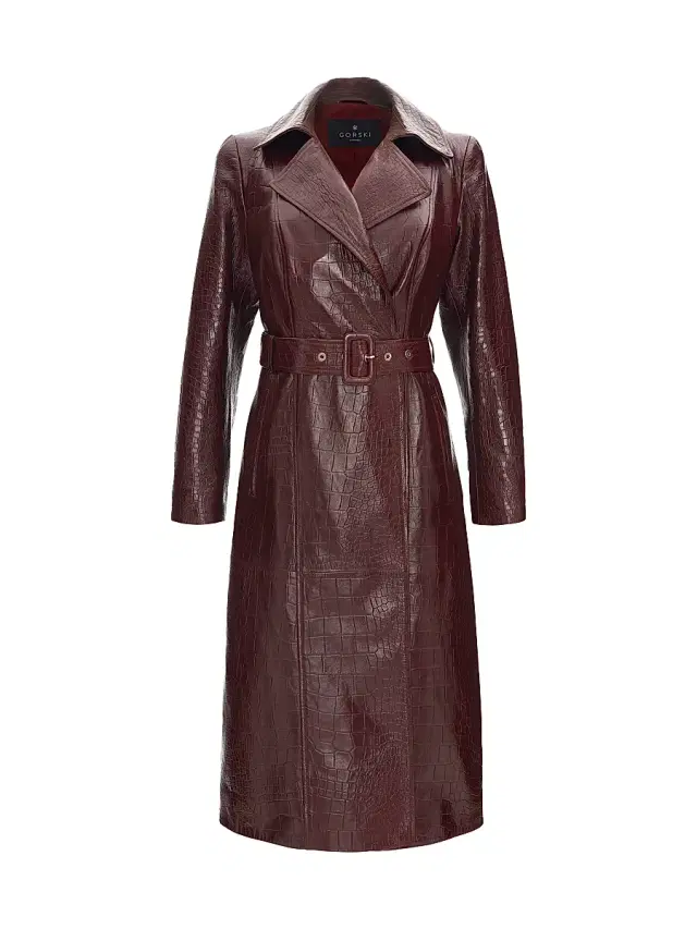 Gorski Women's Select Nappa Leather Croco Embossed Trench Coat with Belt - Burgundy
