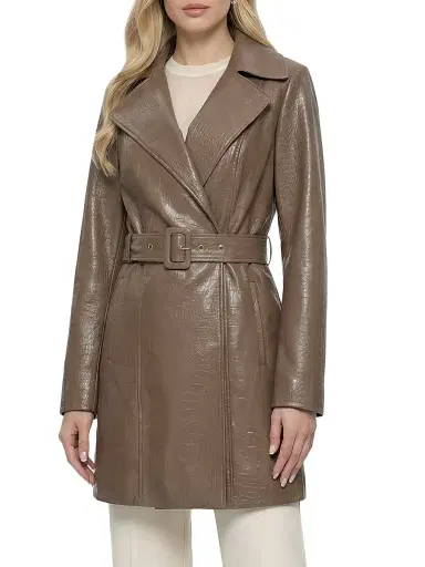 Gorski Women's Select Nappa Leather Croco Embossed Trench Coat, Belt - Camel - Size Large | Thumbnail 2
