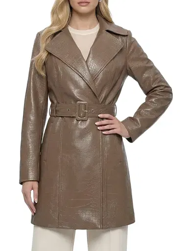 Gorski Women's Select Nappa Leather Croco Embossed Trench Coat, Belt - Camel - Size Large | Thumbnail 3
