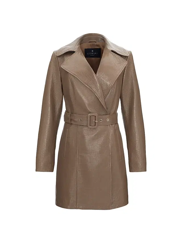Women's Select Nappa Leather Croco Embossed Trench Coat, Belt - Camel