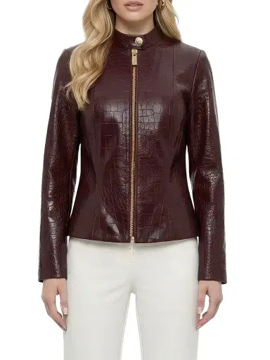 Gorski Women's Select Nappa Leather Croco Embossed Zip Jacket - Burgundy - Size Medium | Thumbnail 2