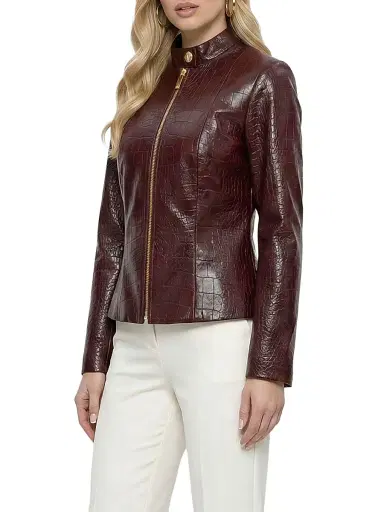 Gorski Women's Select Nappa Leather Croco Embossed Zip Jacket - Burgundy - Size Medium | Thumbnail 3